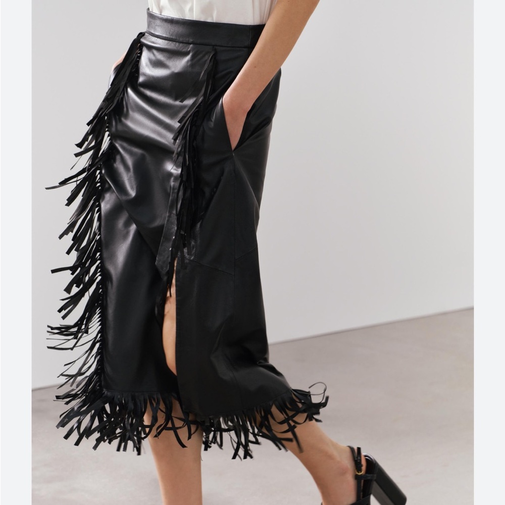 Zara NWT 100% leather fringe midi skirt black 5479/330